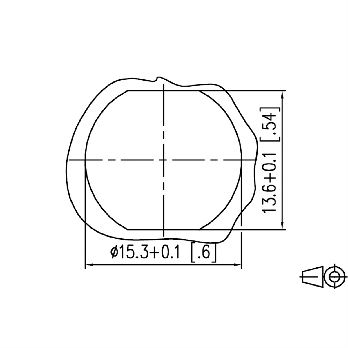 Technische tekening van een onderdeel met afmetingen en maten, in zwarte lijnen op witte achtergrond.