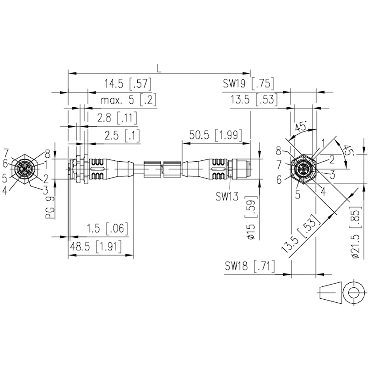 Een technische tekening met afmetingen van connectoren, met lijnen en nummers.