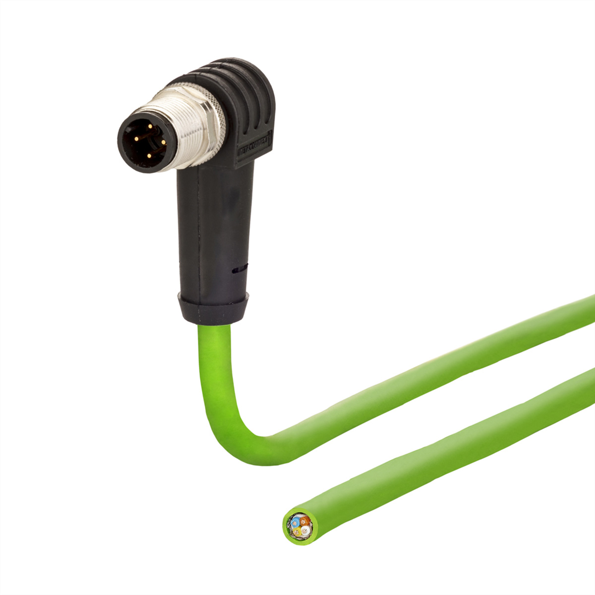 Câble électrique vert avec un connecteur noir coudé, fond blanc.