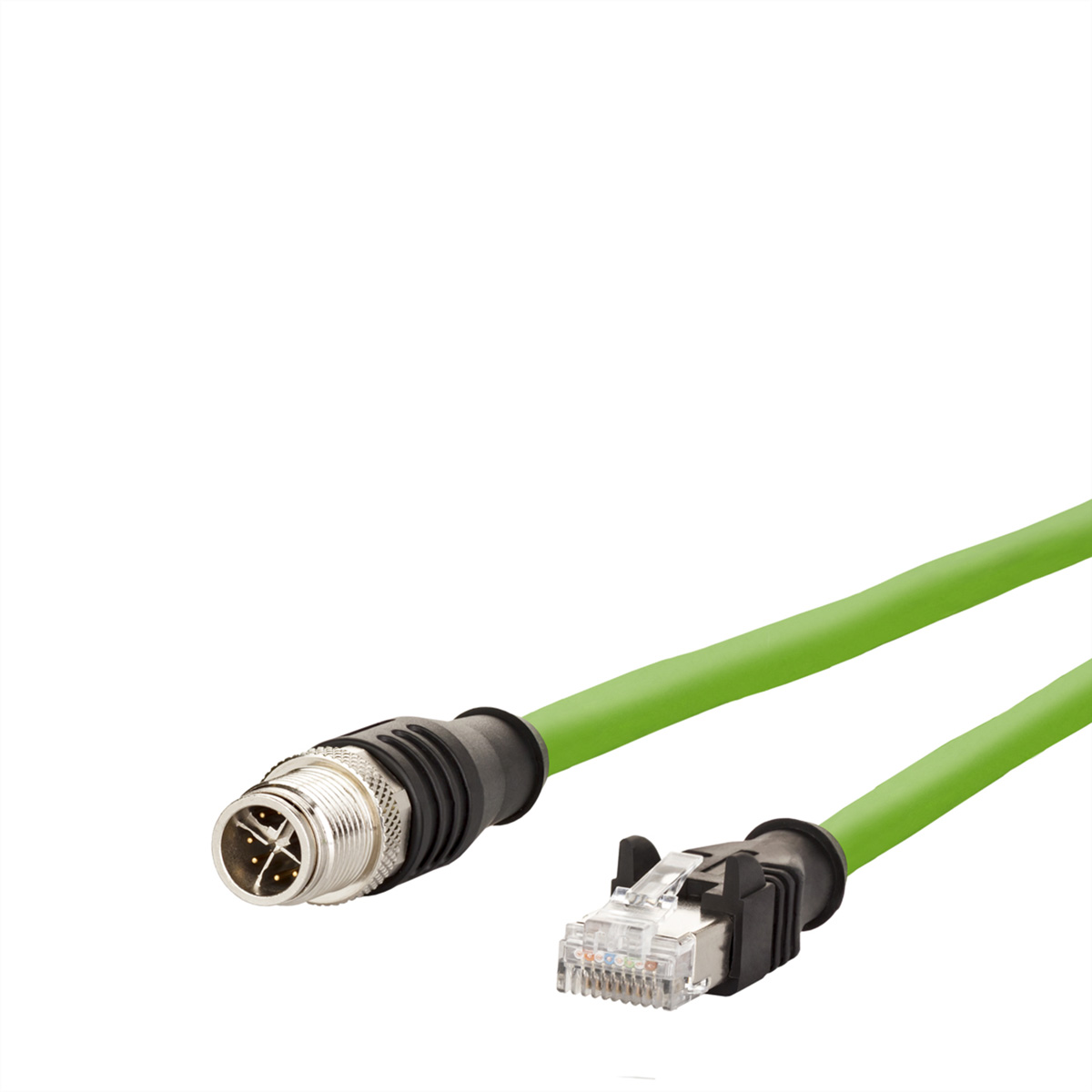Groene kabel met een zilveren connector en een Ethernet-connector.