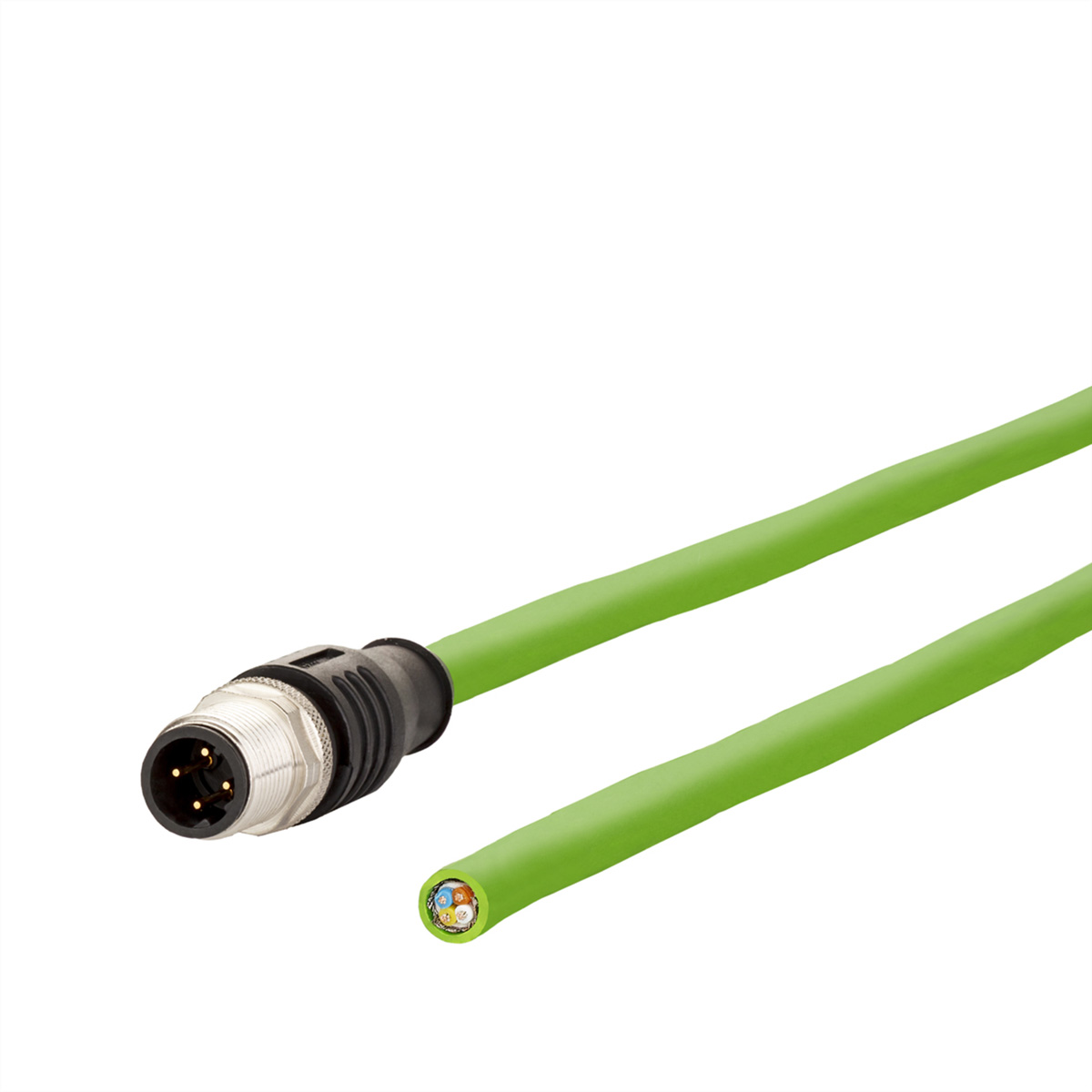 Grünes Kabel mit Stecker. Ein Ende ist abgeschnitten und zeigt Drähte. Weißer Hintergrund, Winkel.