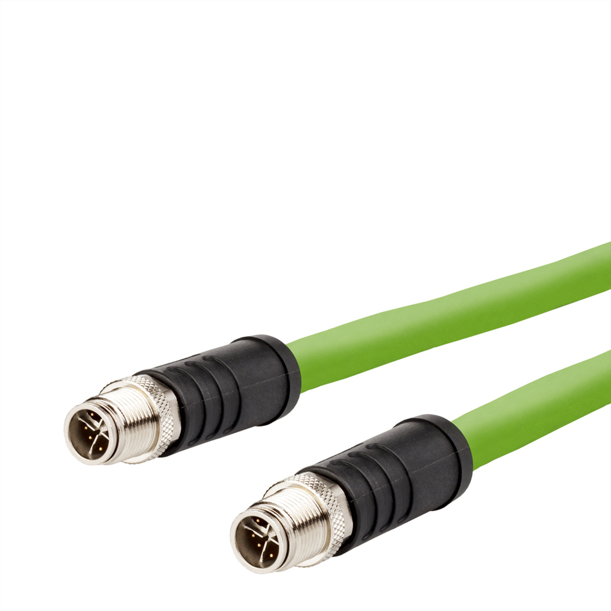Twee groene kabels met zilveren connectoren, zwarte uiteinden. Witte achtergrond.