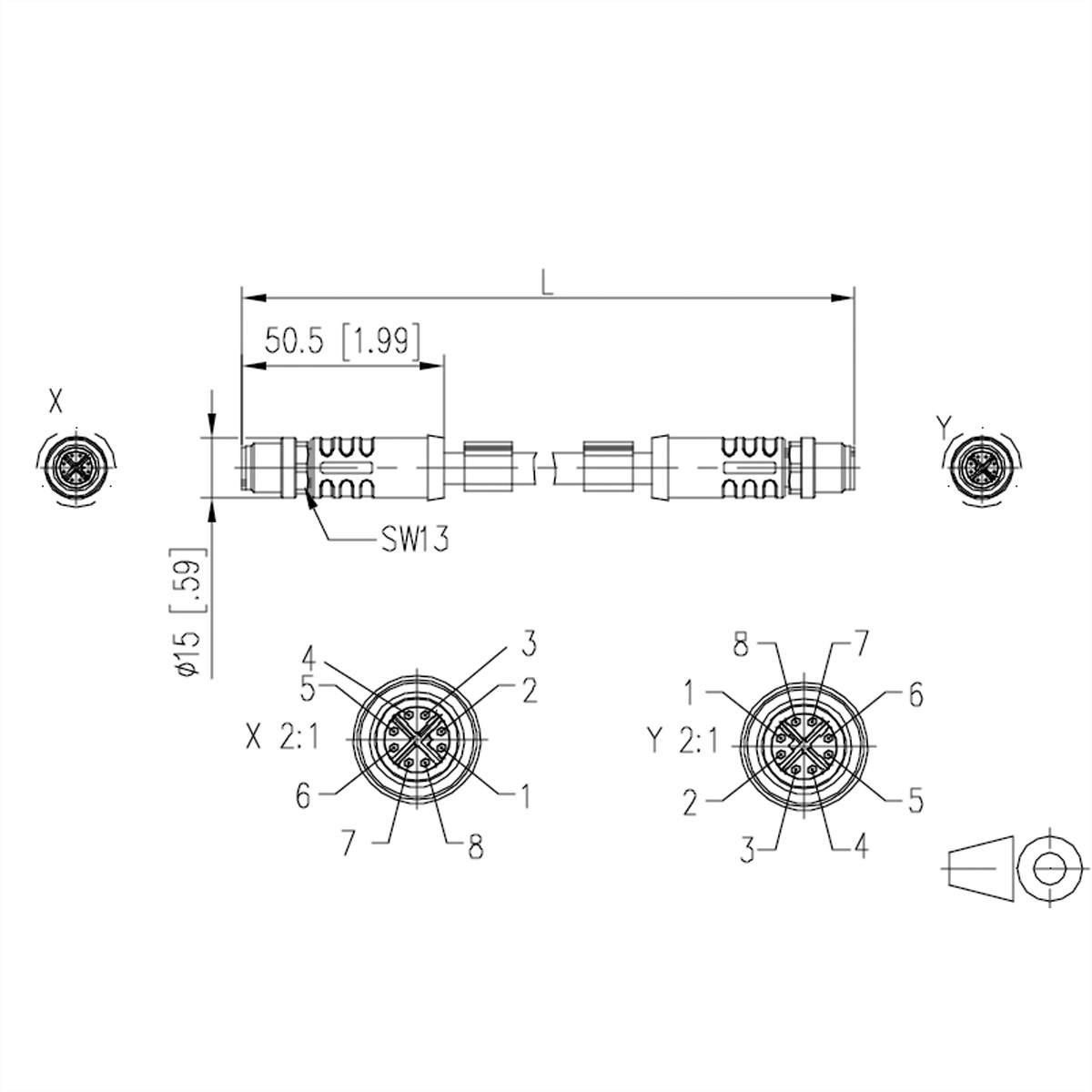 Technische tekening van twee elektrische connectoren, met afmetingen en details. Witte achtergrond.