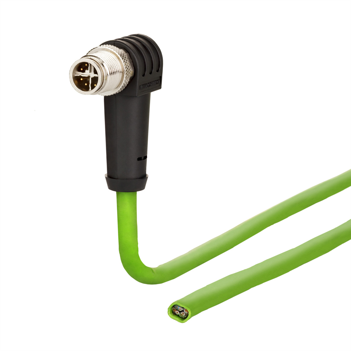 Câble vert avec un connecteur et fils exposés.