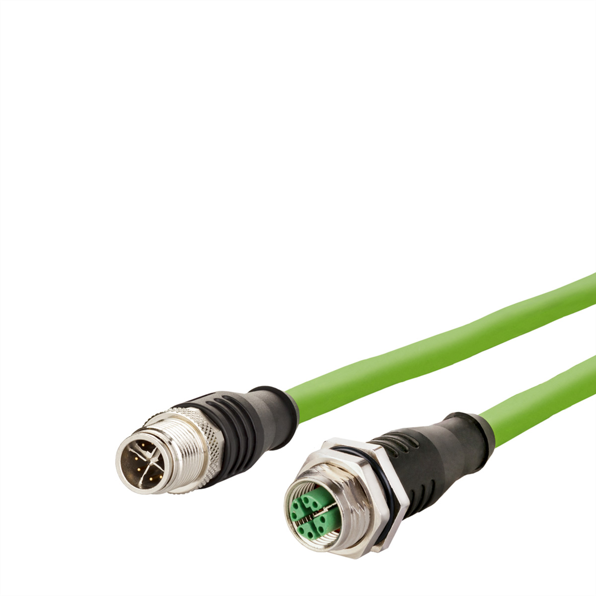 Twee groene connectorkabels met zwarte en zilveren uiteinden. De draden van één kabel zijn zichtbaar.