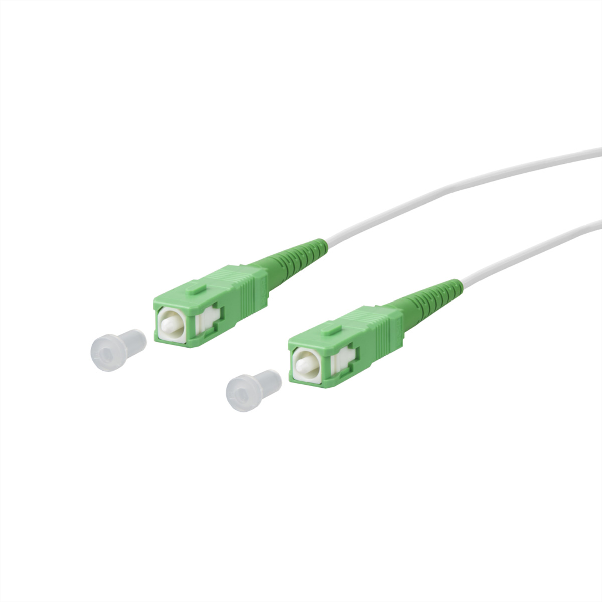 Deux câbles fibre optique verts avec connecteurs et capuchons sur fond blanc.