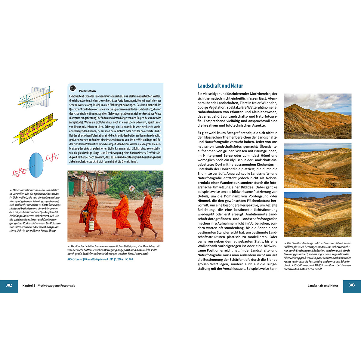 Seite mit Text und einem Bild von Mönchen, Diagrammen und Landschaften.
