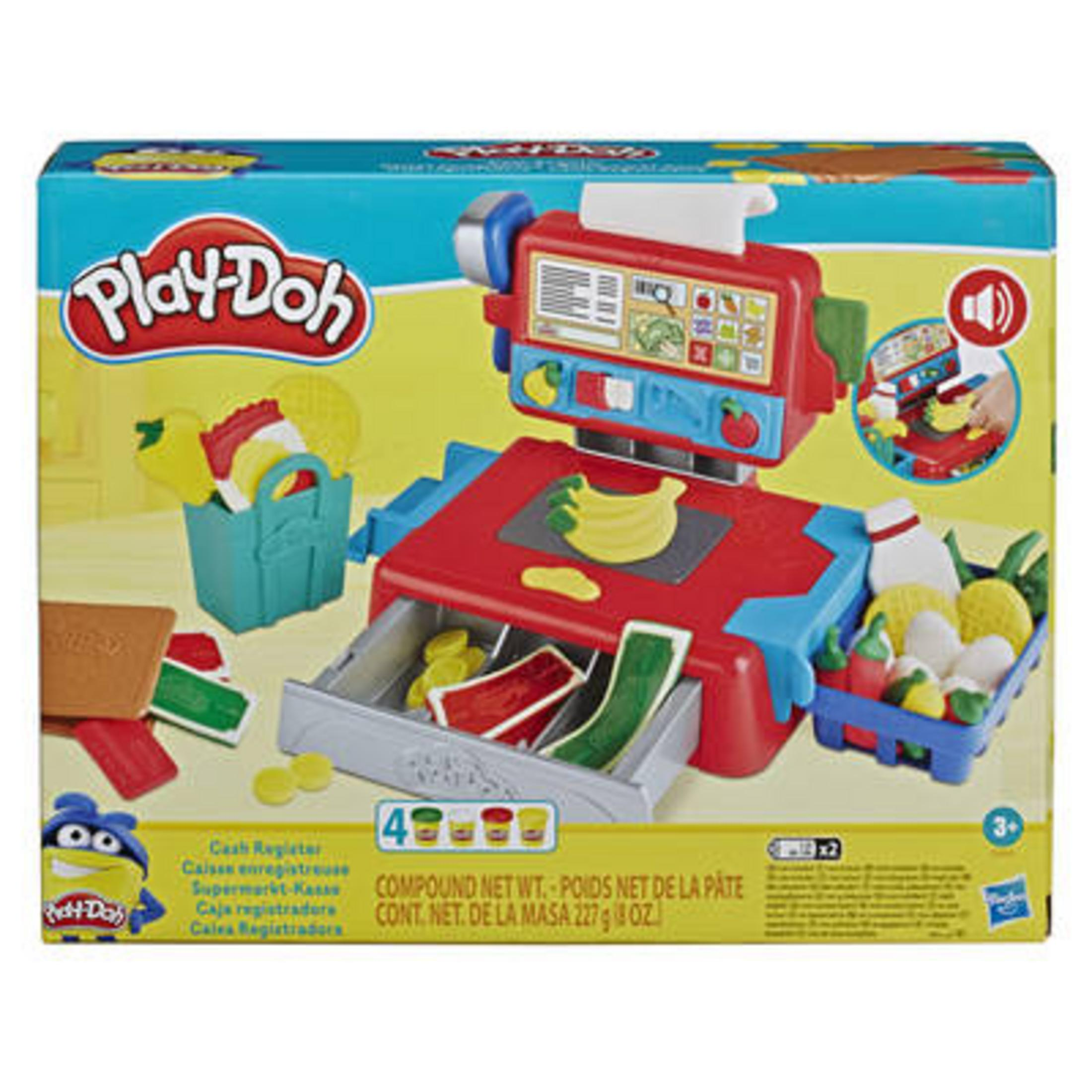 Juego de caja registradora Play-Doh. Incluye caja, comida de juguete y accesorios en una caja.