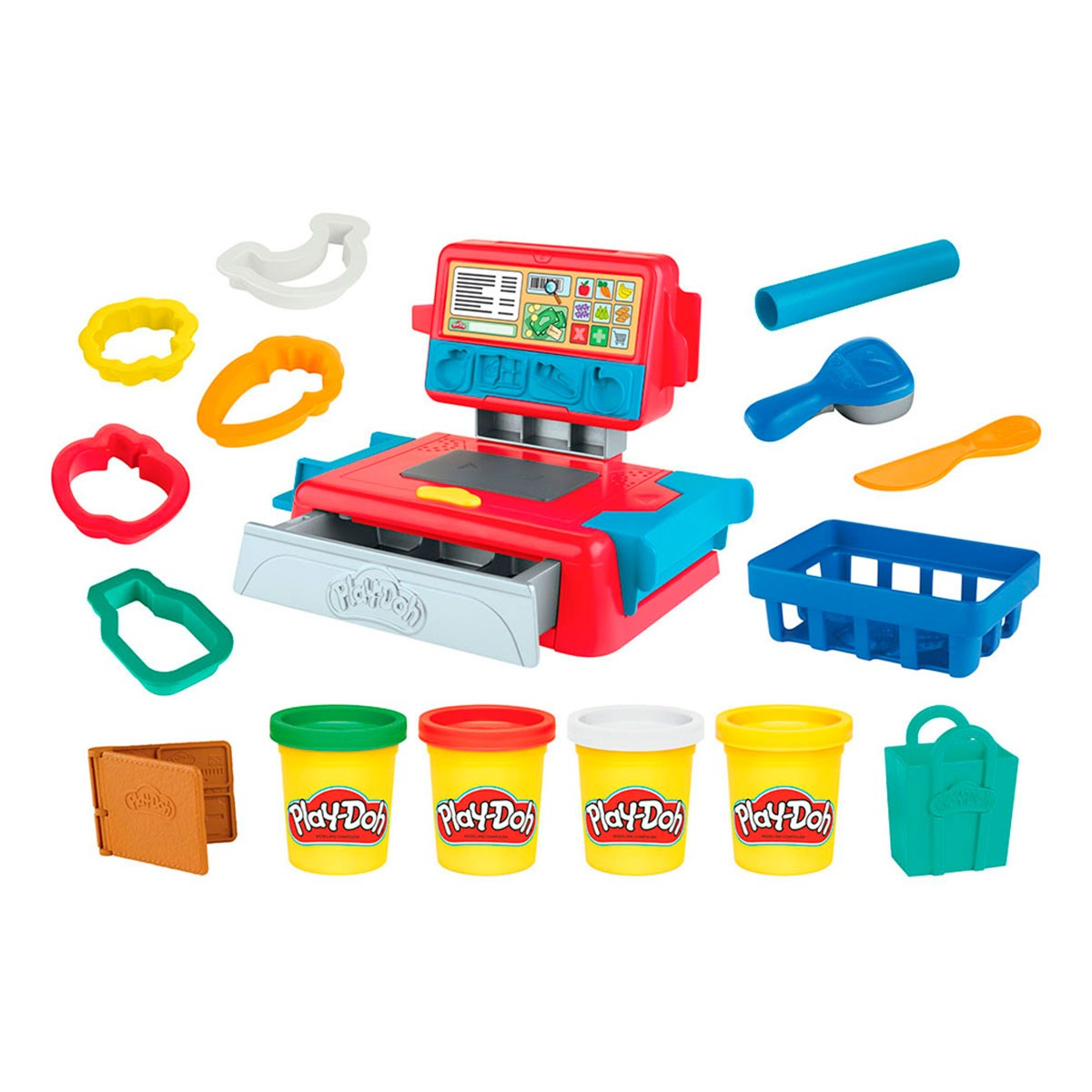 Un juego de caja registradora Play-Doh con varios colores Play-Doh, moldes y una cesta de la compra.