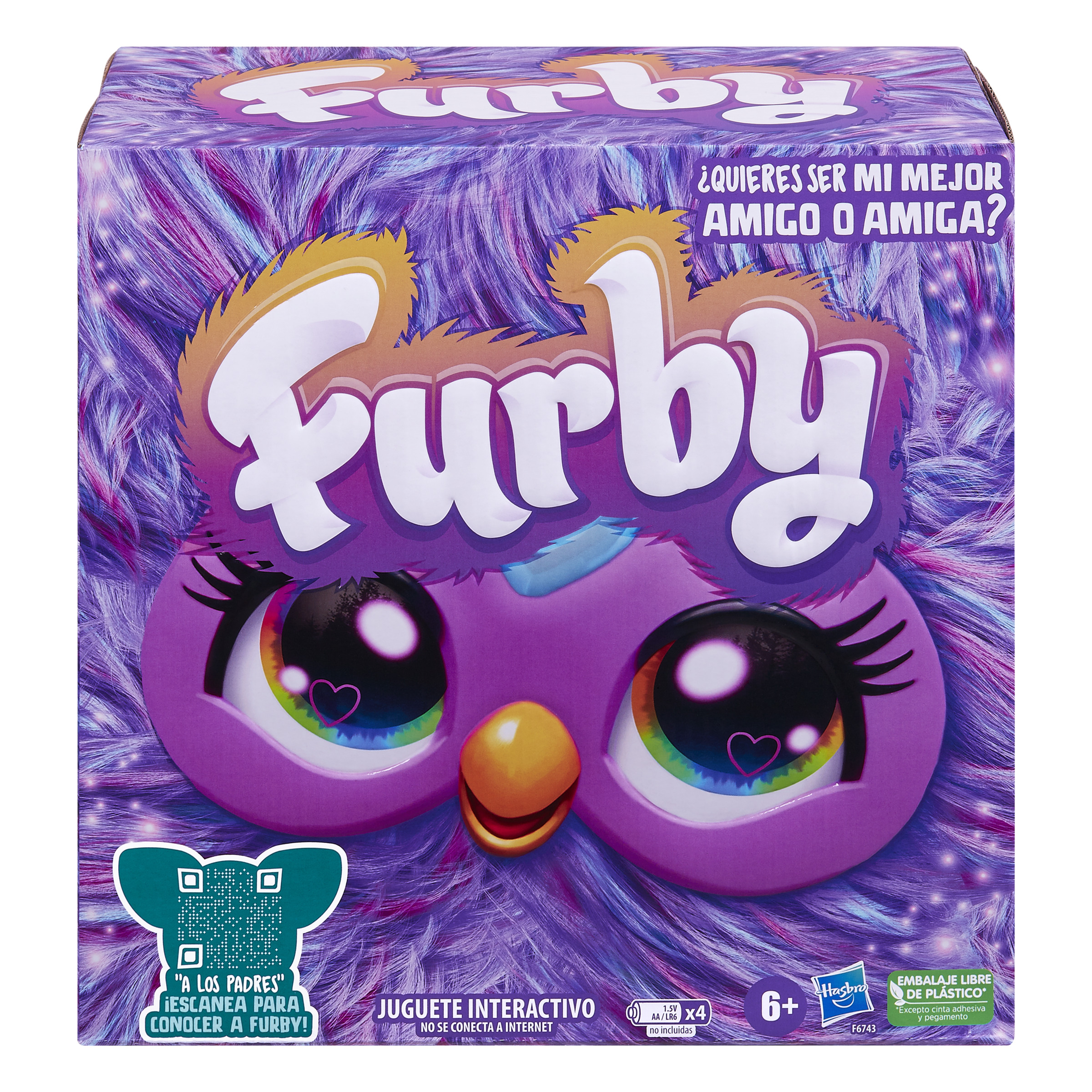 Una caja de juguetes Furby con un diseño morado colorido. El juguete tiene una cara y las palabras 'Furby' son visibles.