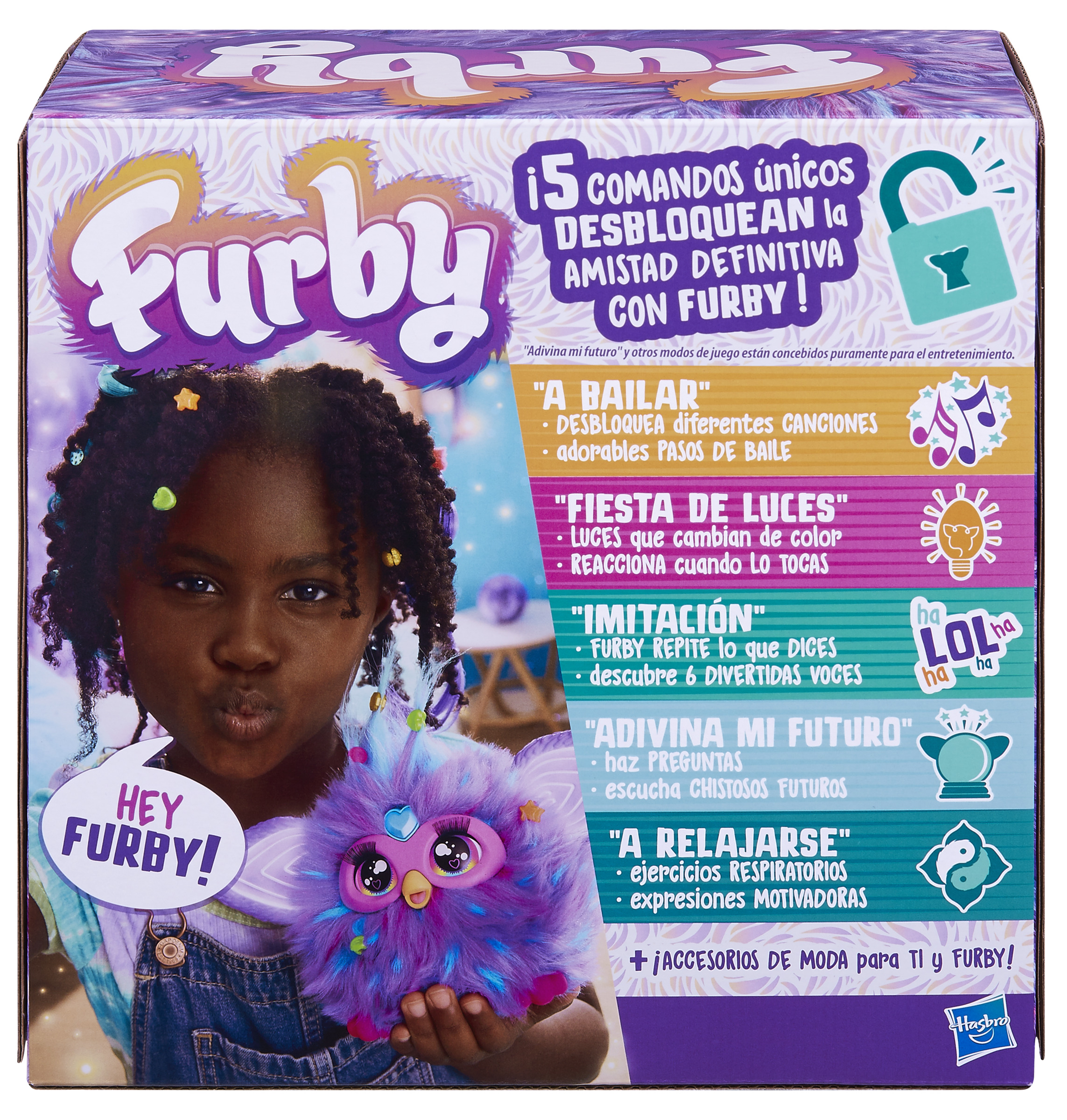 Caja de un juguete Furby. Una niña está en el frente, y el texto y las imágenes que describen el juguete están en la caja.