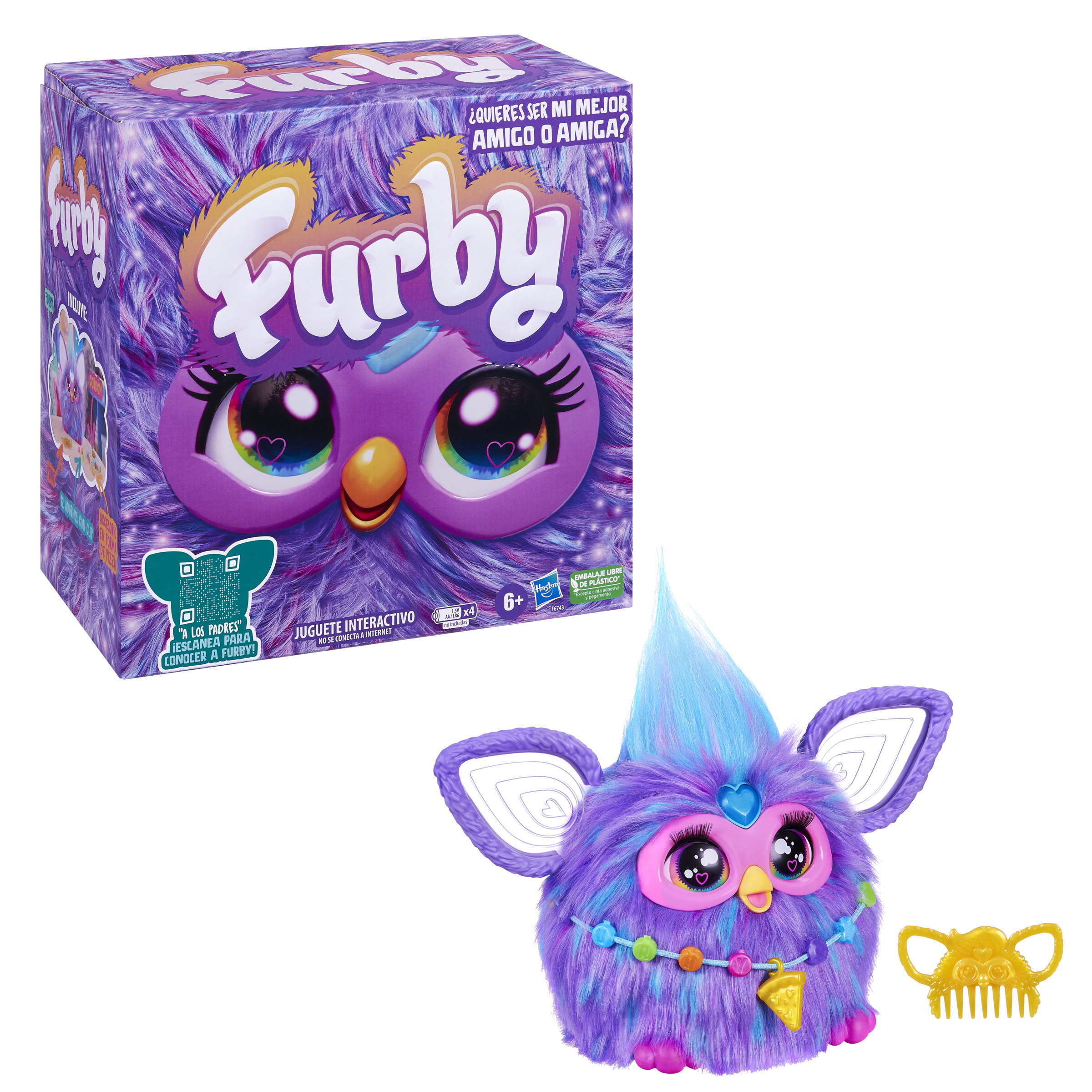 Juguete Furby morado con caja y peine amarillo.