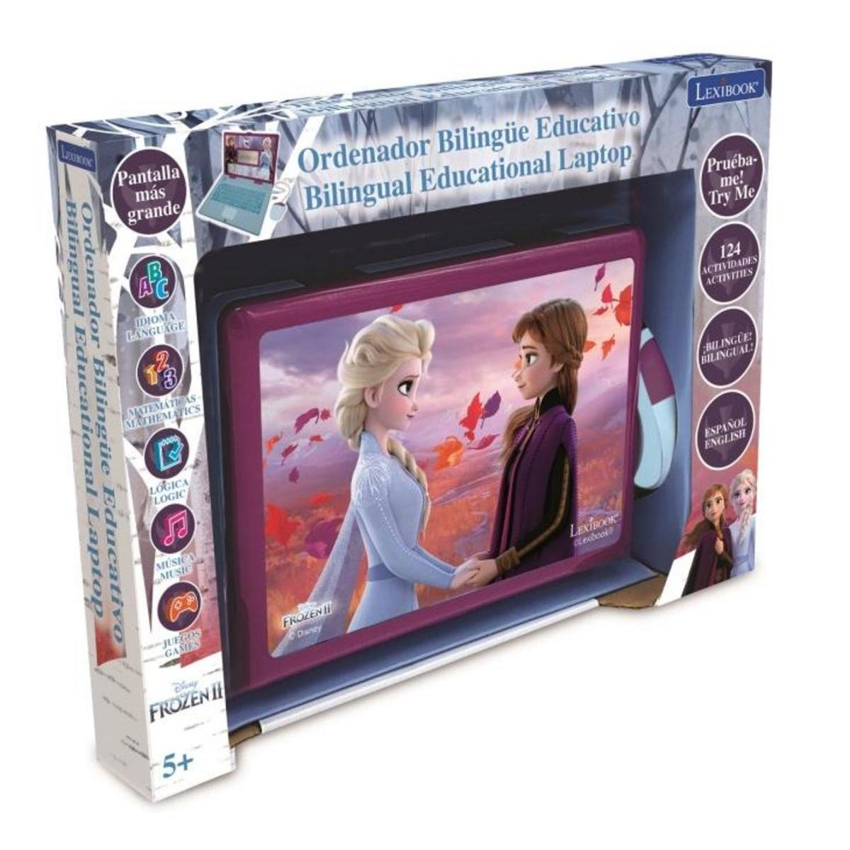 Portátil educativo bilingüe con personajes de Frozen en pantalla. Incluye ABC, matemáticas, música y juegos.