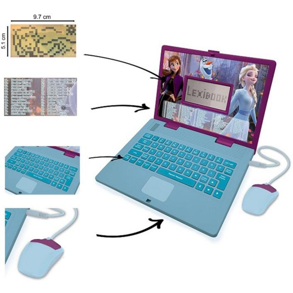 Laptop de juguete con personajes de Frozen en la pantalla. Se muestran imágenes adicionales.