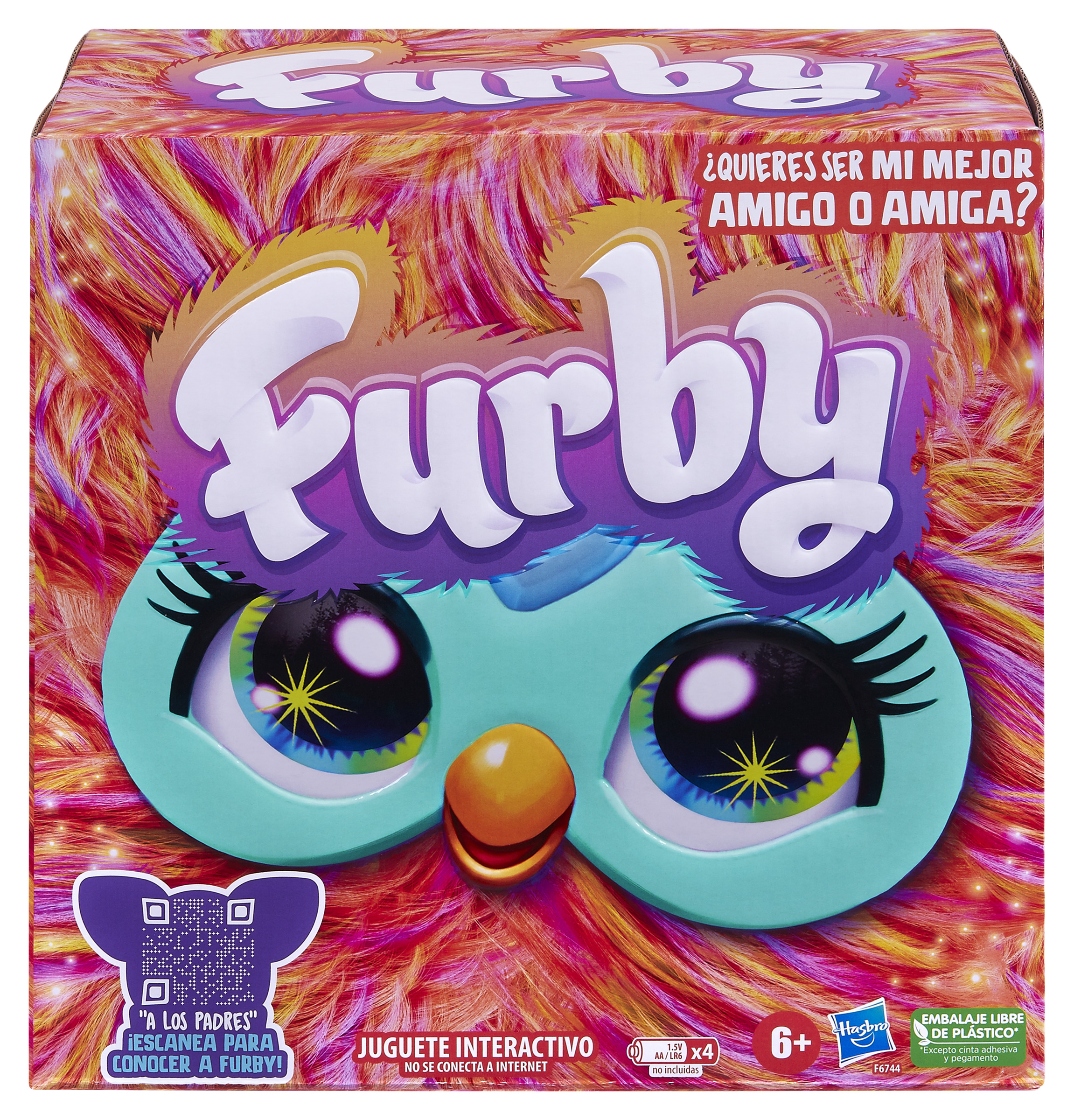 Una caja de juguete Furby con un diseño colorido y el texto '¿QUIERES SER MI MEJOR AMIGO O AMIGA?'.