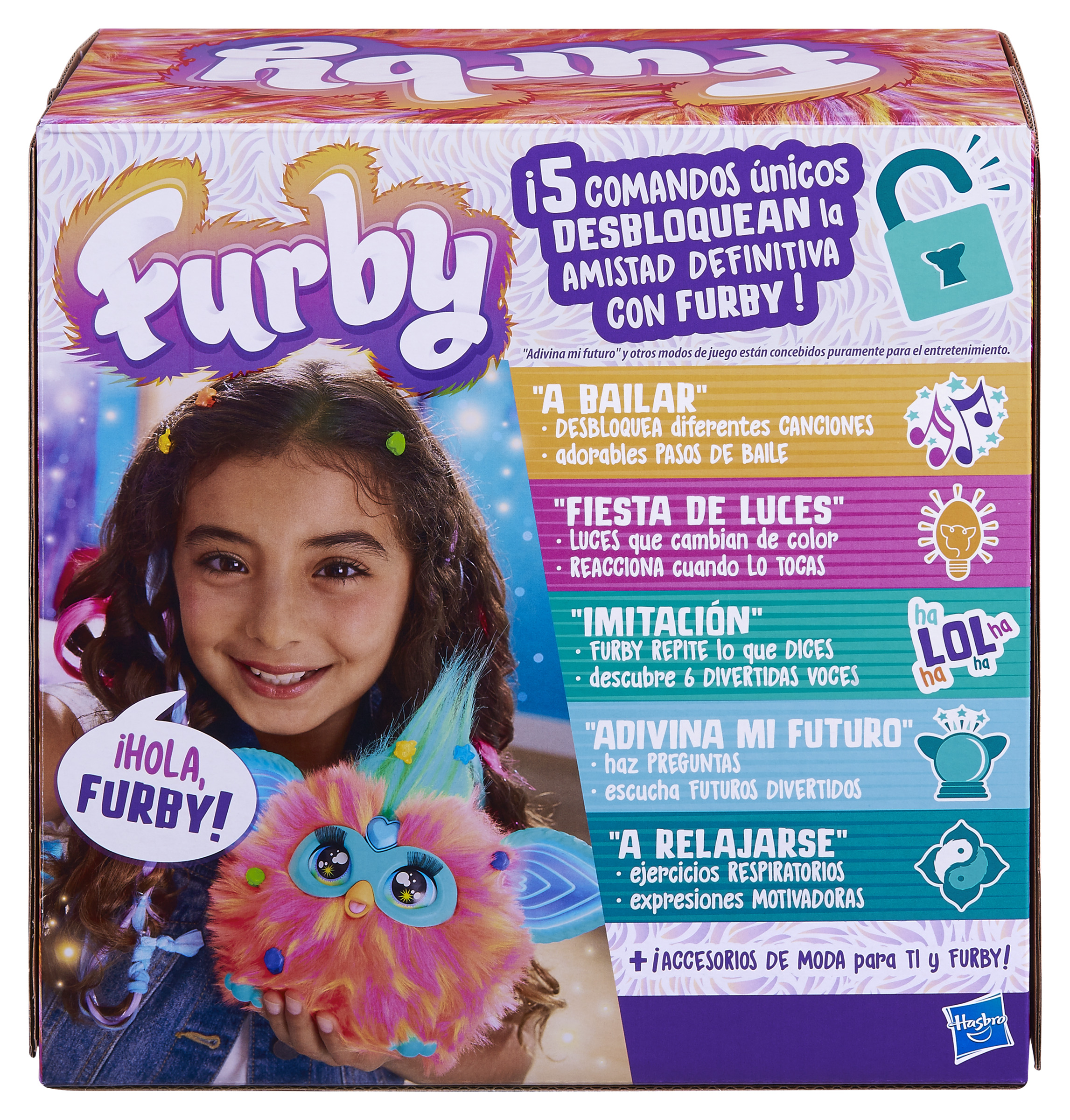 Caja con una niña y un juguete Furby. El texto dice "¡HOLA, FURBY!" y otros detalles sobre el juguete.