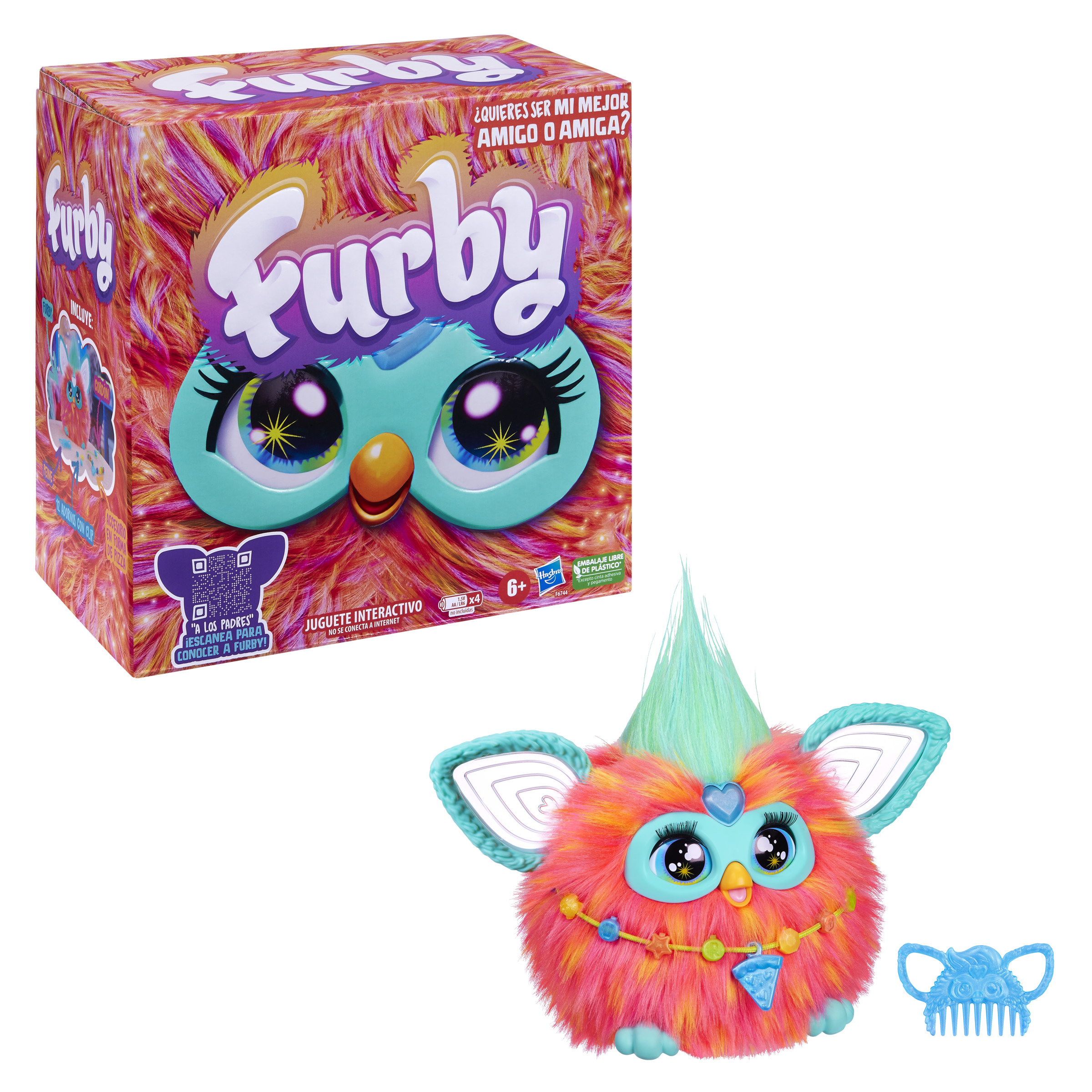 Juguete Furby, caja y peine. Colores rosa y azul.