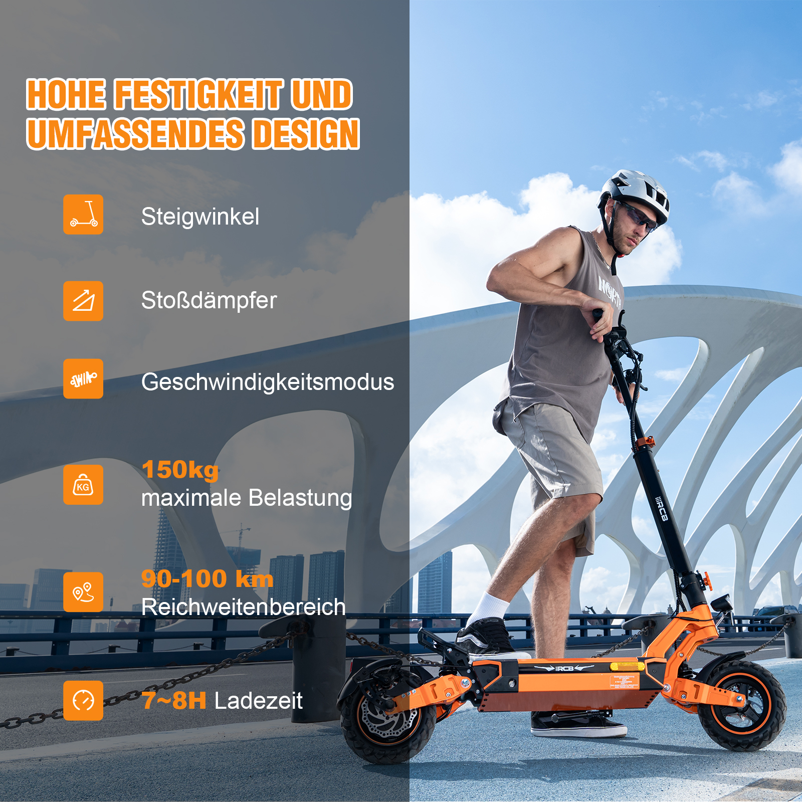 Mężczyzna na pomarańczowej hulajnodze na moście. Tekst podkreśla funkcje.