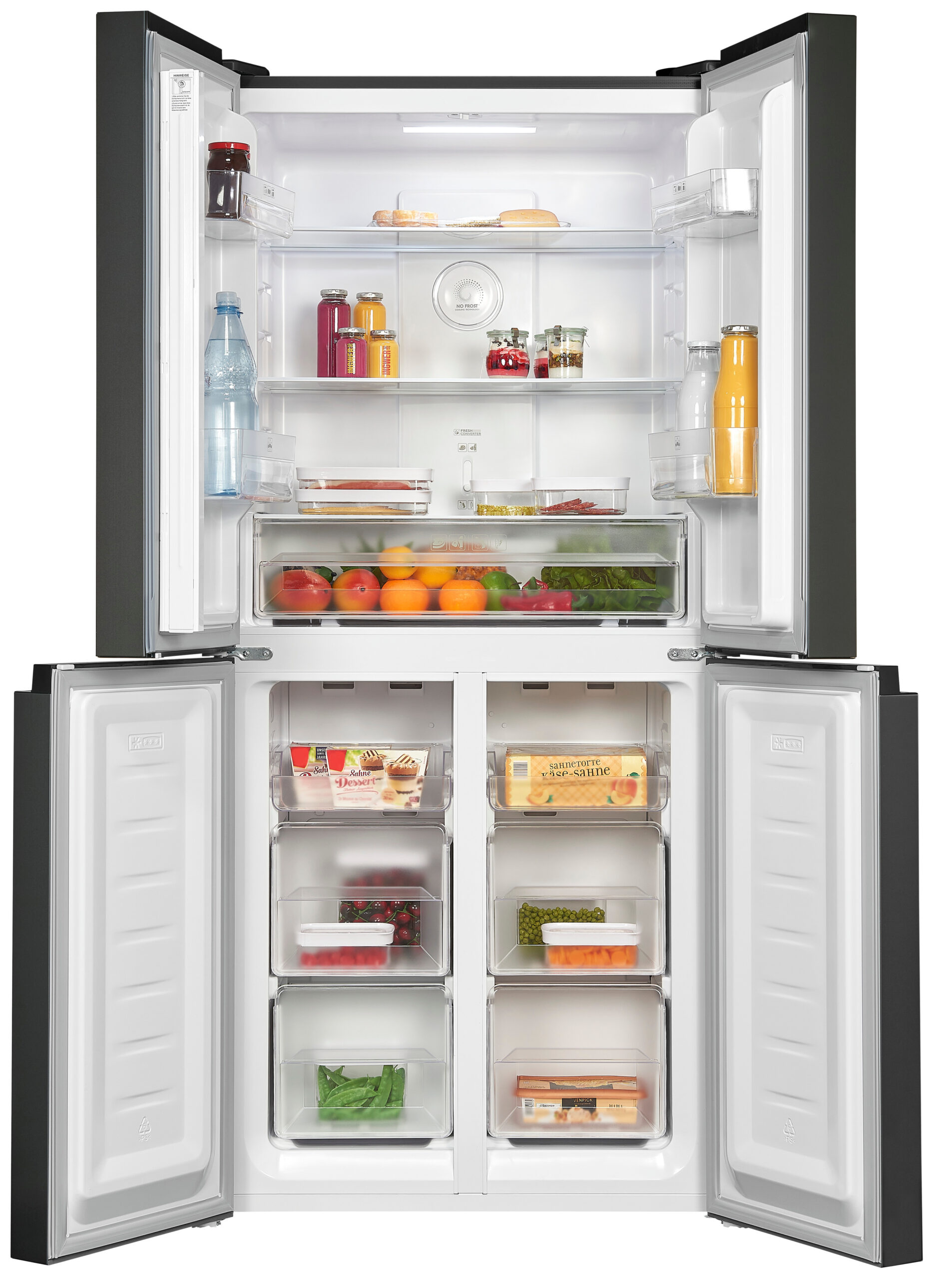 Offener Kühlschrank mit Fächern. Obst, Gemüse und andere Lebensmittel sind sichtbar.