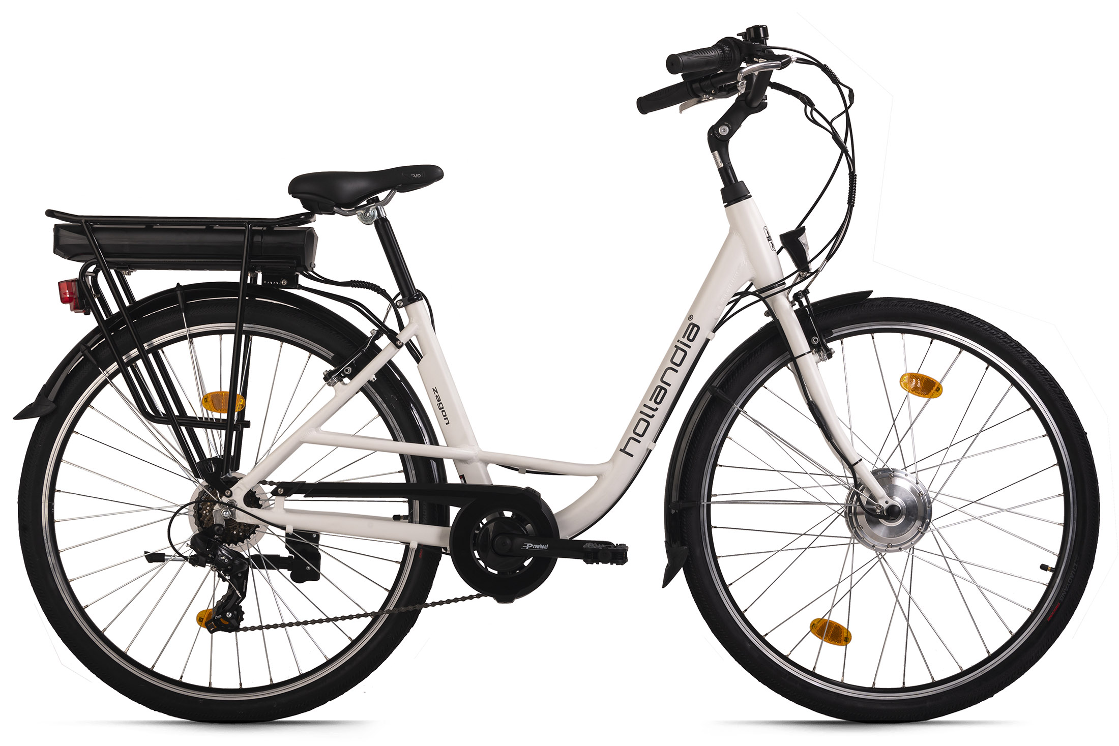Weißes Elektrofahrrad mit schwarzem Gepäckträger, ideal für den täglichen Weg zur Arbeit.