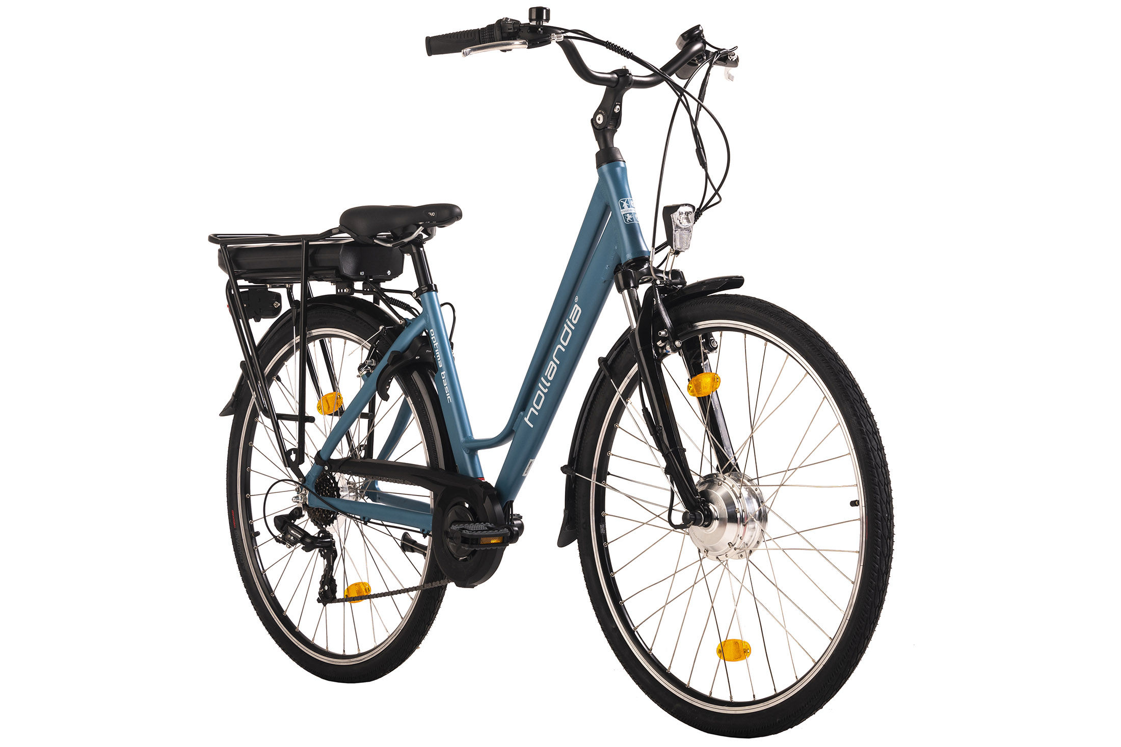 Türkisfarbenes Elektrofahrrad mit schwarzen Reifen und Schutzblechen. Verfügt über Scheinwerfer, Rücklicht und Akku.