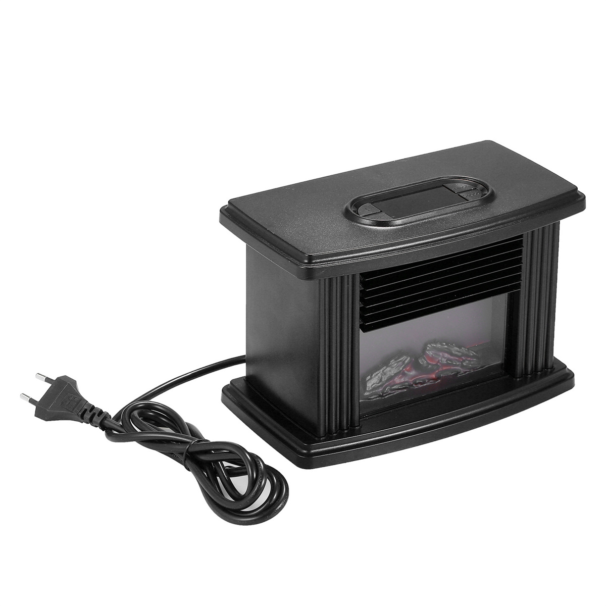 Schwarzer elektrischer Kamin mit rot glühenden Glut, schwarzem Netzkabel, weißem Hintergrund.