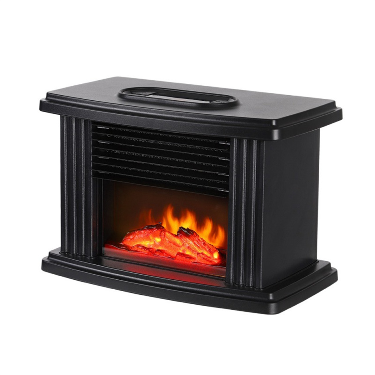 Schwarzer Elektro-Kamin. Der Innenraum zeigt einen realistischen Feuereffekt.