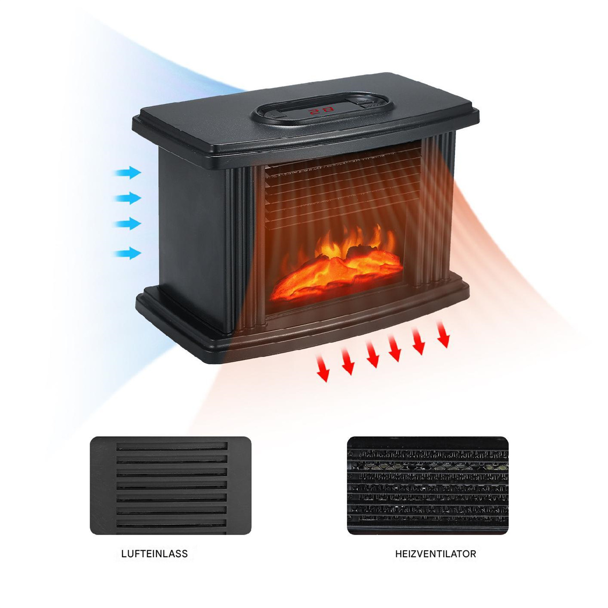 Schwarzer Elektrokamin mit Flammeneffekt und Lüftungsdetails.