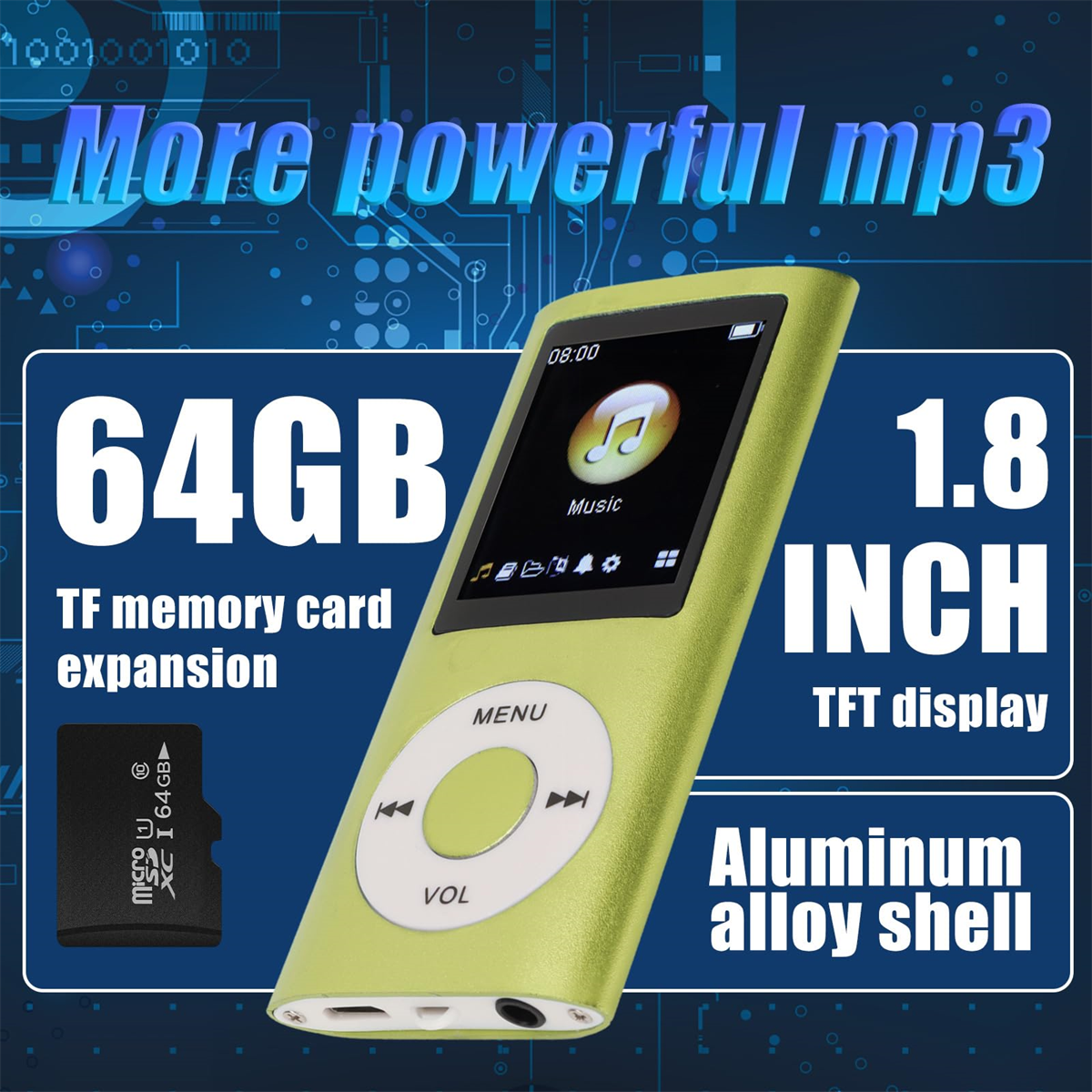 Ein grüner MP3-Player mit Bildschirm und Knöpfen, plus einer TF-Karte und Text.
