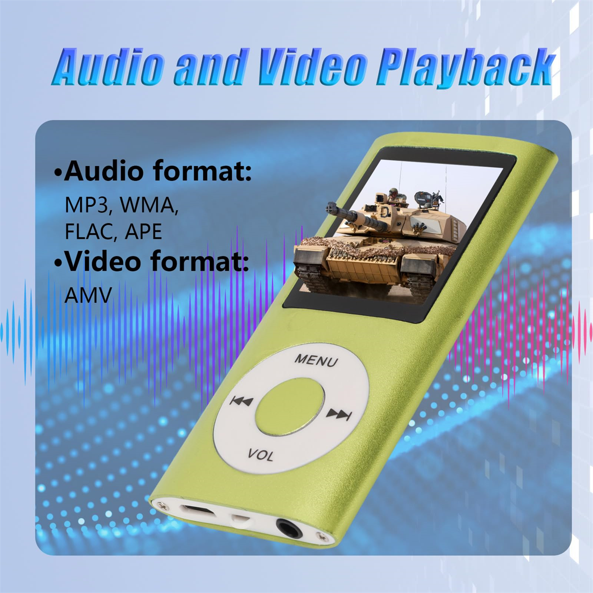 Ein grüner MP3-Player mit Bildschirm, der Audio- und Videoformate anzeigt.