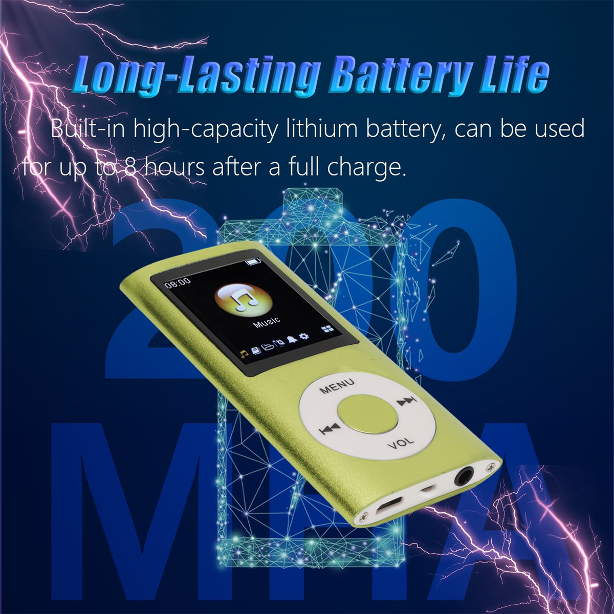 Grüner MP3-Player mit Bildschirm, der eine Musikoberfläche zeigt, mit einem Hintergrund aus Energielinien.