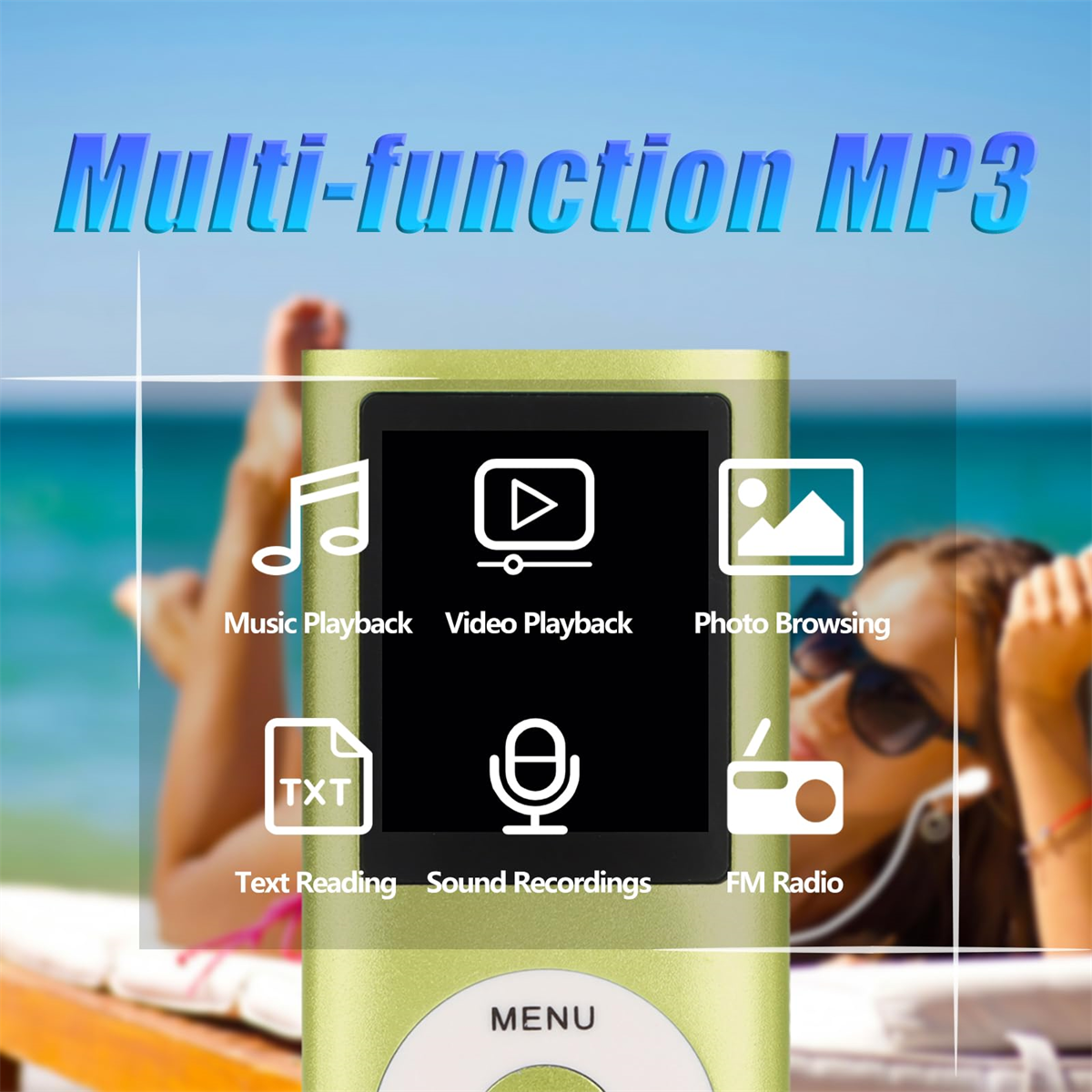 Grüner MP3-Player mit Symbolen für Musik, Video, Foto, Text, Aufnahme und Radio. Person liegt im Hintergrund.
