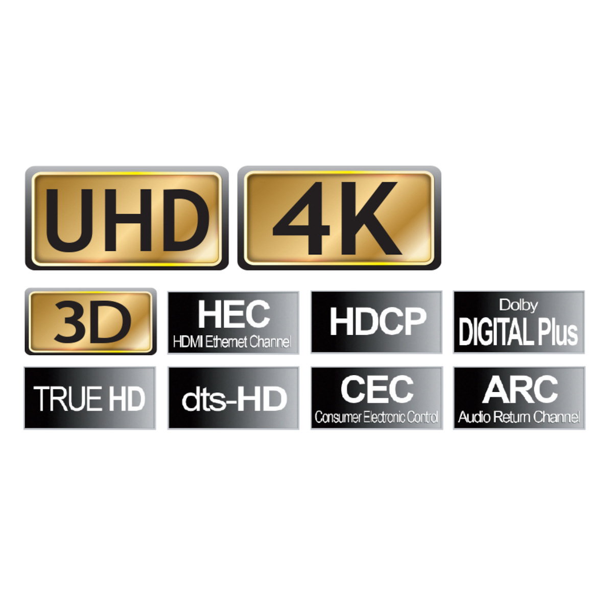 Verschiedene Technologie-Icons auf weißem Hintergrund, darunter UHD, 4K, 3D und andere.