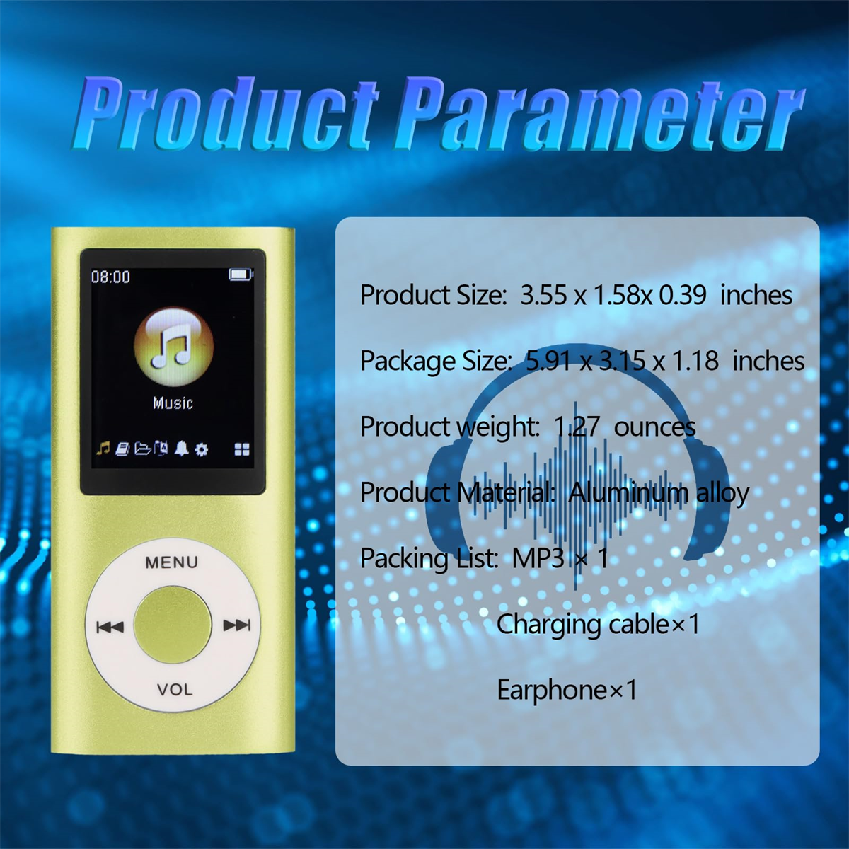 Grüner MP3-Player mit Produktdetails auf der Seite.