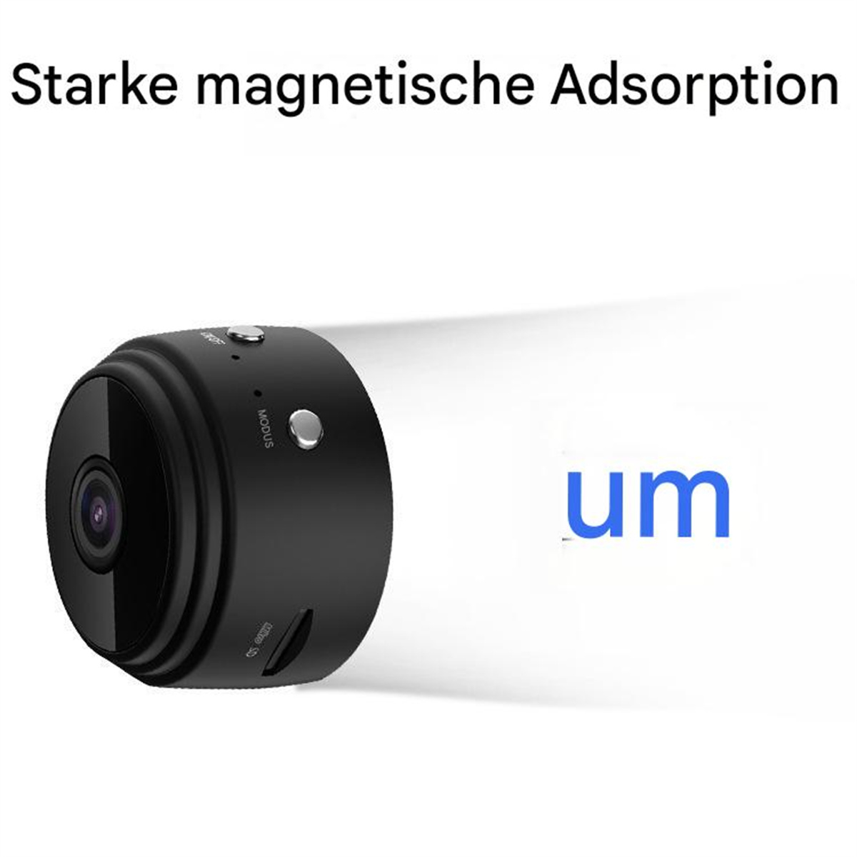 Kleine schwarze Überwachungskamera mit Text. Eine weiße Spur zeigt Bewegung. Weißer Hintergrund.
