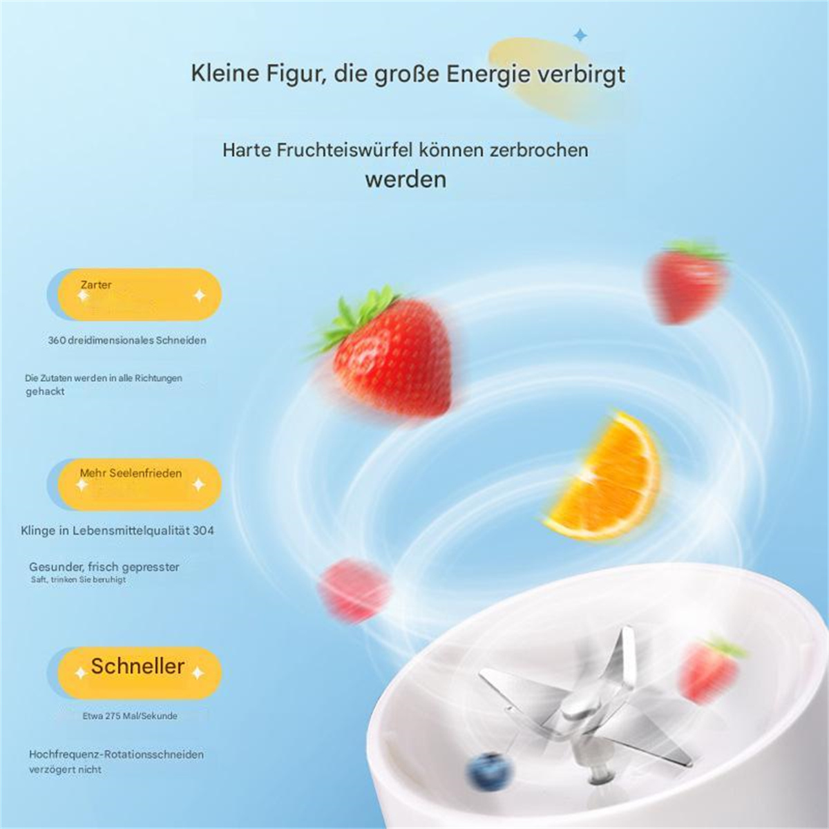 Bild eines Mixers mit Früchten. Erdbeeren und eine Orangenscheibe werden zusammen mit Text über die Funktionen des Mixers gezeigt.