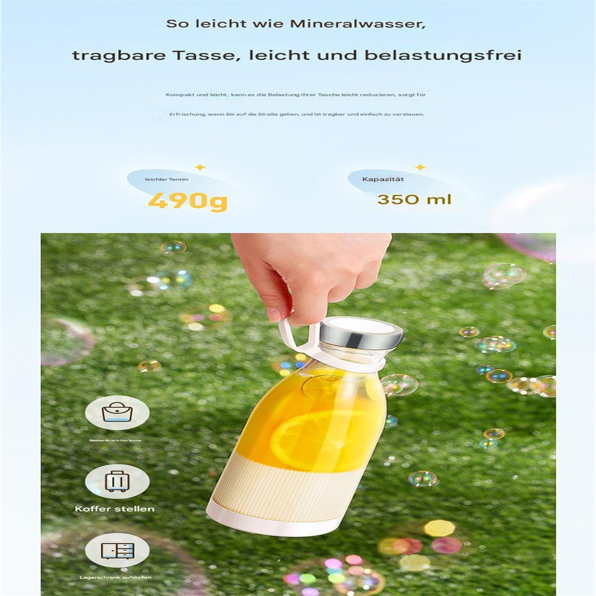 Hand hält einen Mixer mit Orangenscheiben. Blasen umgeben das Glas. Text über Tragbarkeit und Kapazität.