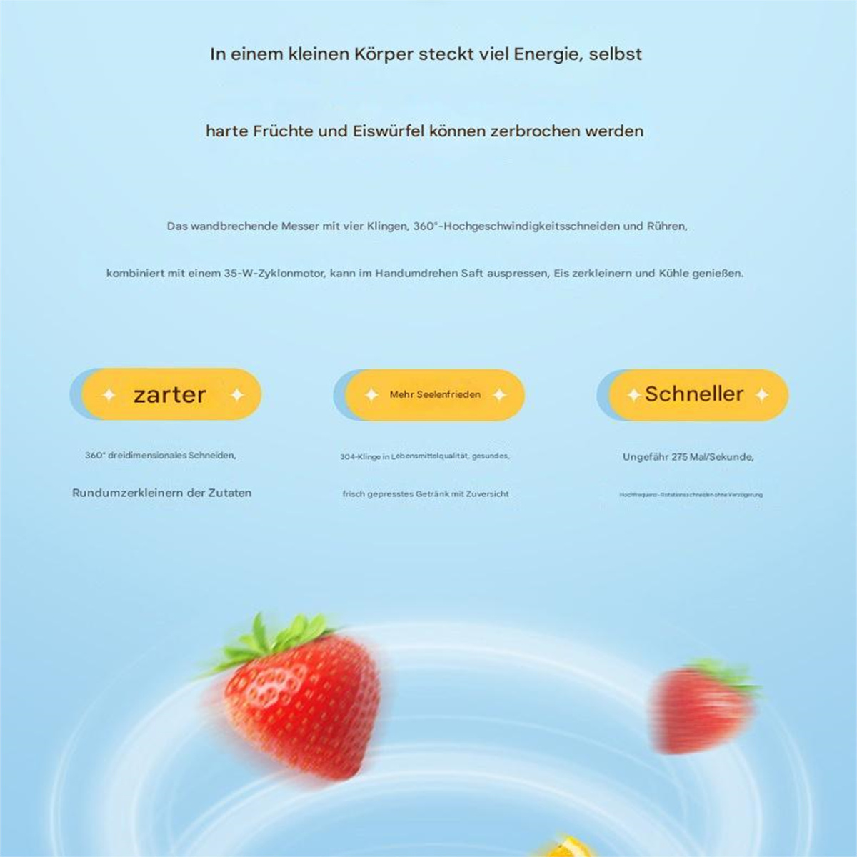 Eine Produktanzeige mit Text und Bildern eines Küchengeräts, einer Erdbeere und einer Orange.