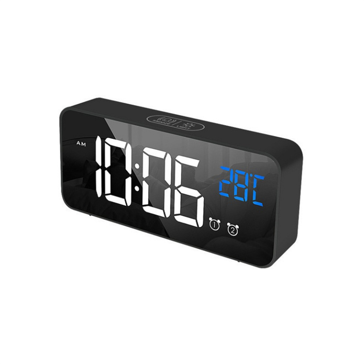 Ein schwarzer digitaler Wecker, der 10:06 und 28C anzeigt.