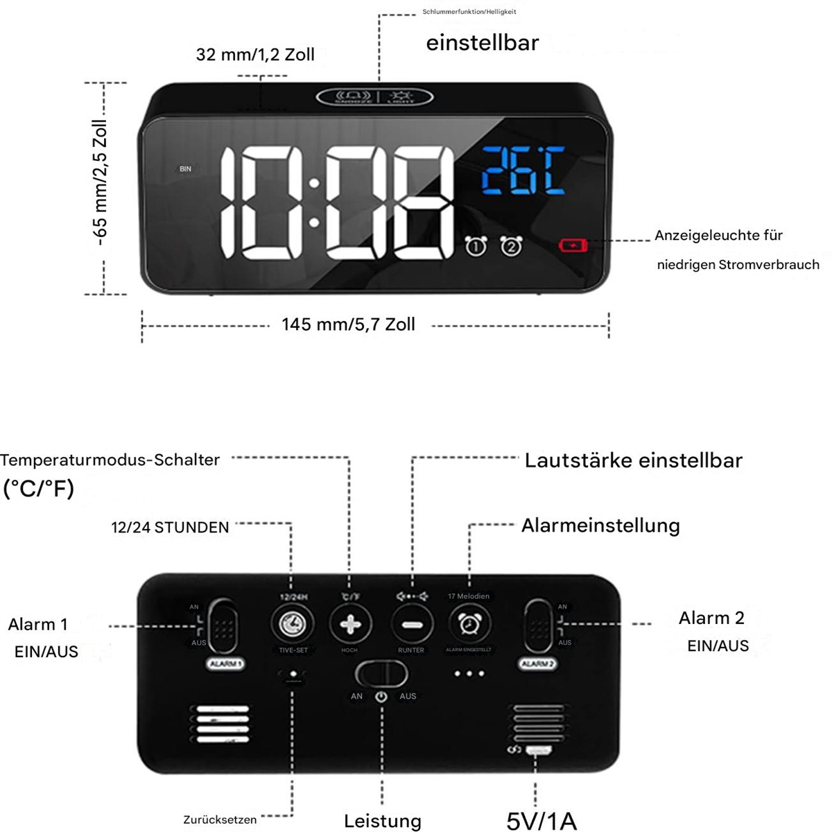 Ein schwarzer digitaler Wecker mit Zeit- und Temperaturanzeige sowie Einstelltasten.