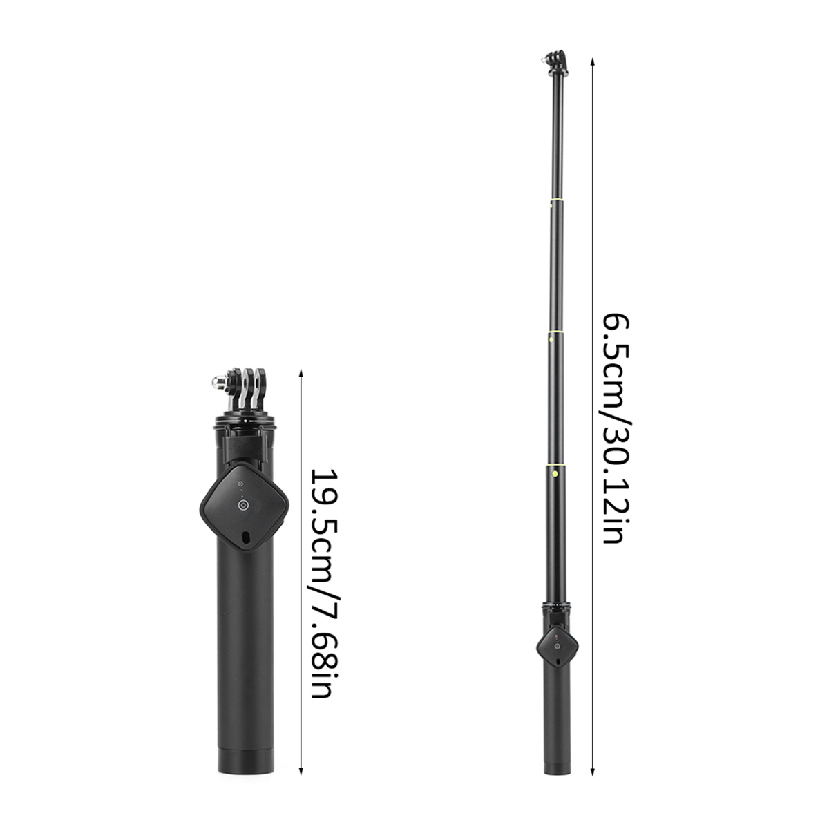 Zwei Selfie-Sticks, einer zusammengeklappt, einer ausgefahren. Maße in cm/Zoll angegeben.