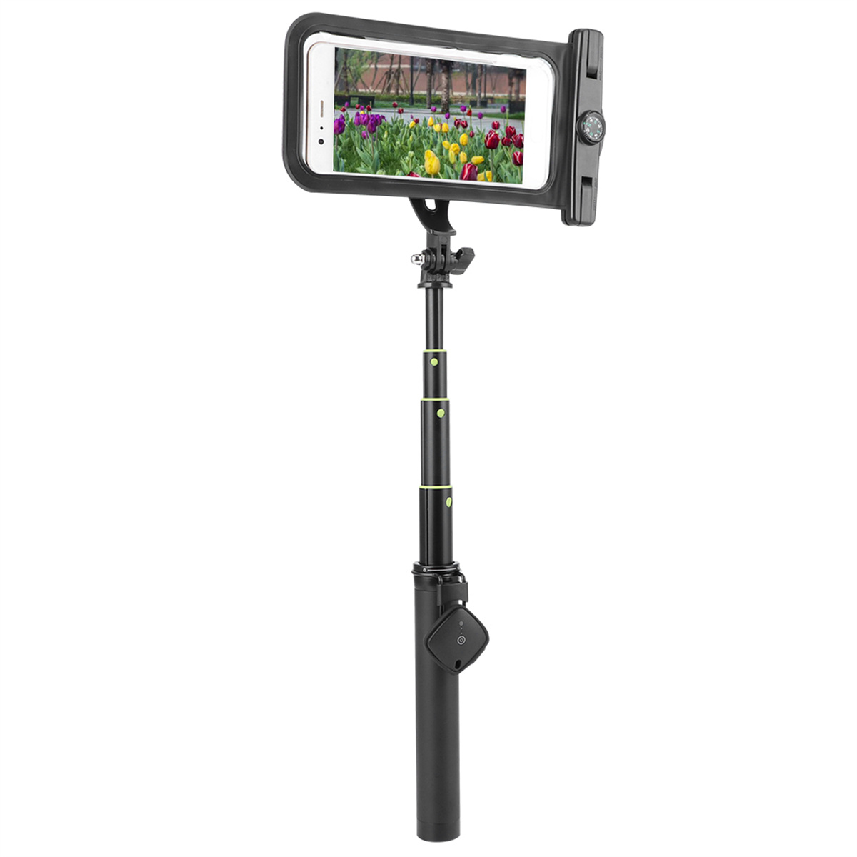 Selfie-Stick mit Telefon. Telefon zeigt bunte Blumen. Schwarzer Stick und Griff, weißer Hintergrund.