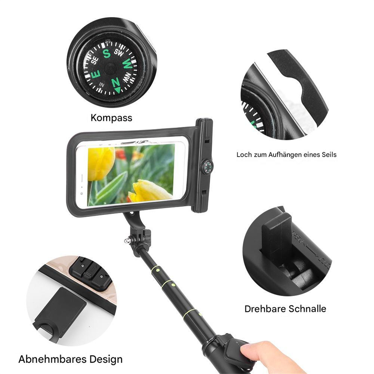 Selfie-Stick mit Telefon, Kompass und Details. Weißer Hintergrund.