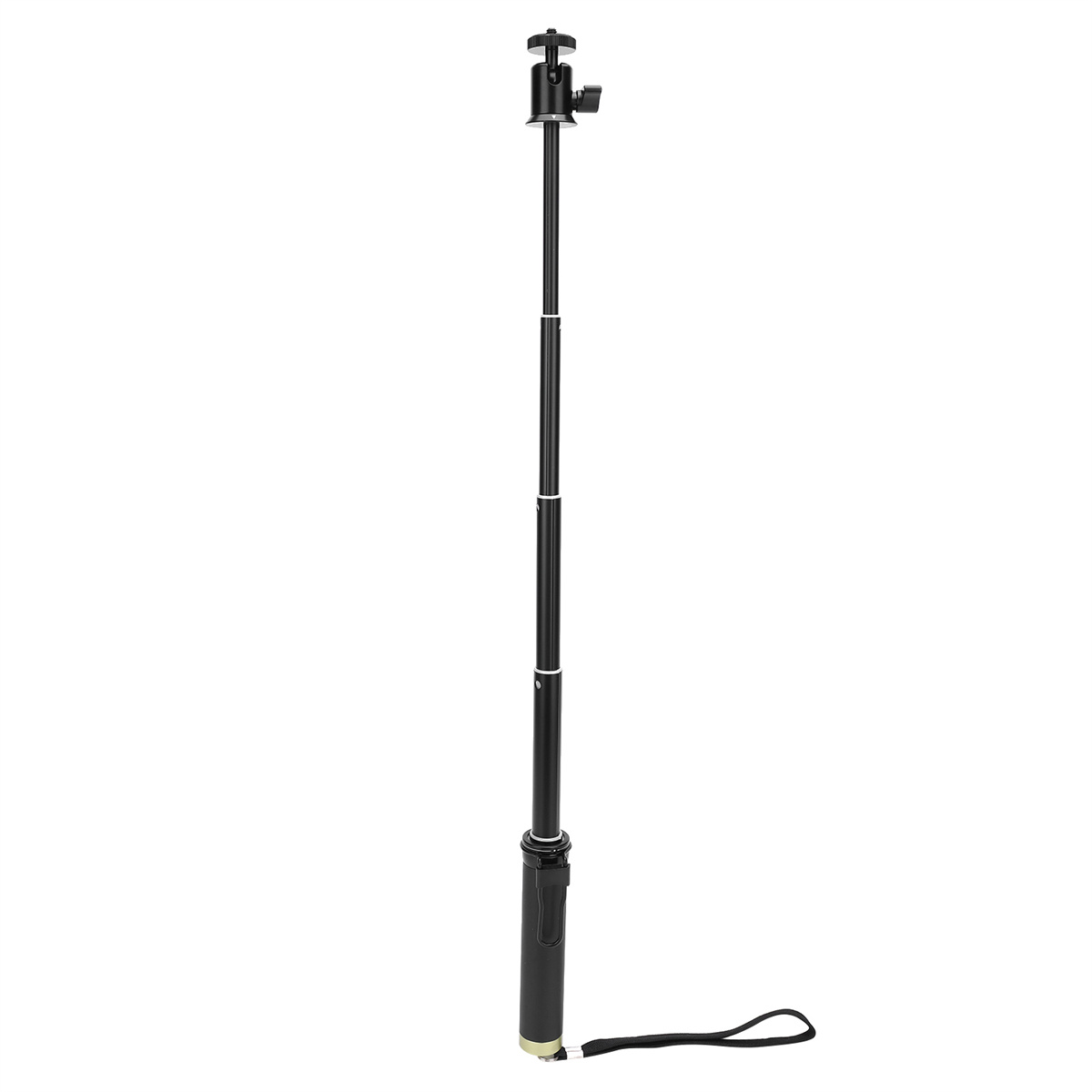 Schwarzer Selfie-Stick, ausgefahren, mit Handschlaufe.