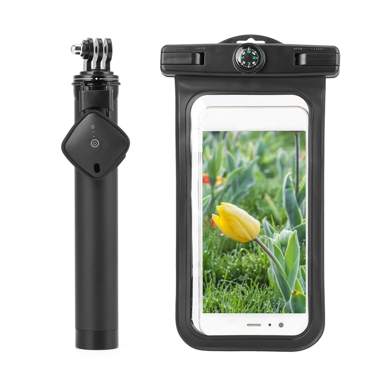 Eine wasserdichte Handyhülle mit einer gelben Tulpe und einem Selfie-Stick links.