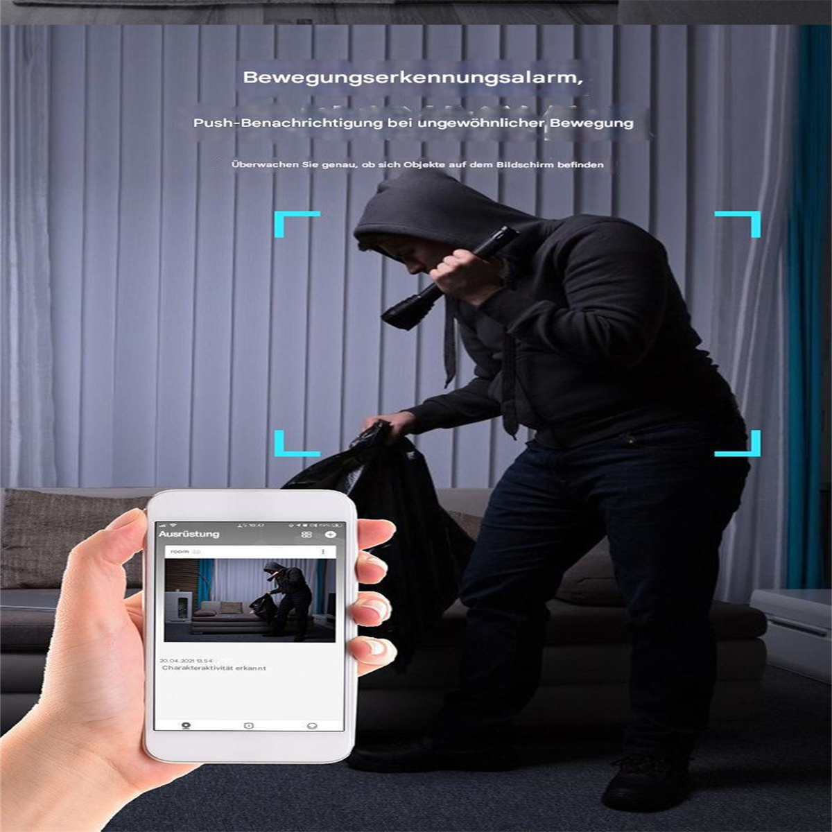 Eine Person hält ein Telefon, das einen Sicherheitsalarm mit einem Einbrecher zeigt.