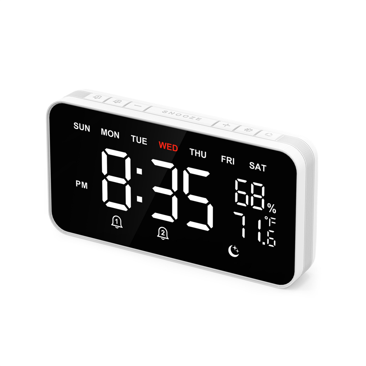 Weißer digitaler Wecker mit Anzeige von Zeit und Datum. Hat einen weißen Rahmen und ein schwarzes Display.