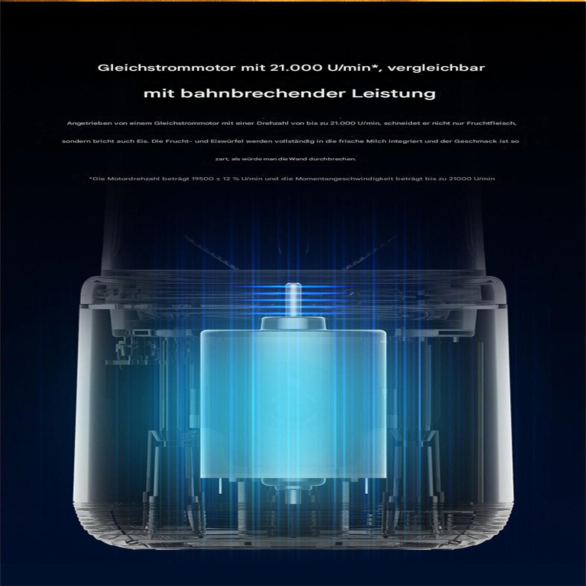 Diagramm eines Motors, mit Text auf Deutsch. Ein transparentes Gehäuse zeigt interne Komponenten mit blauem Schein.