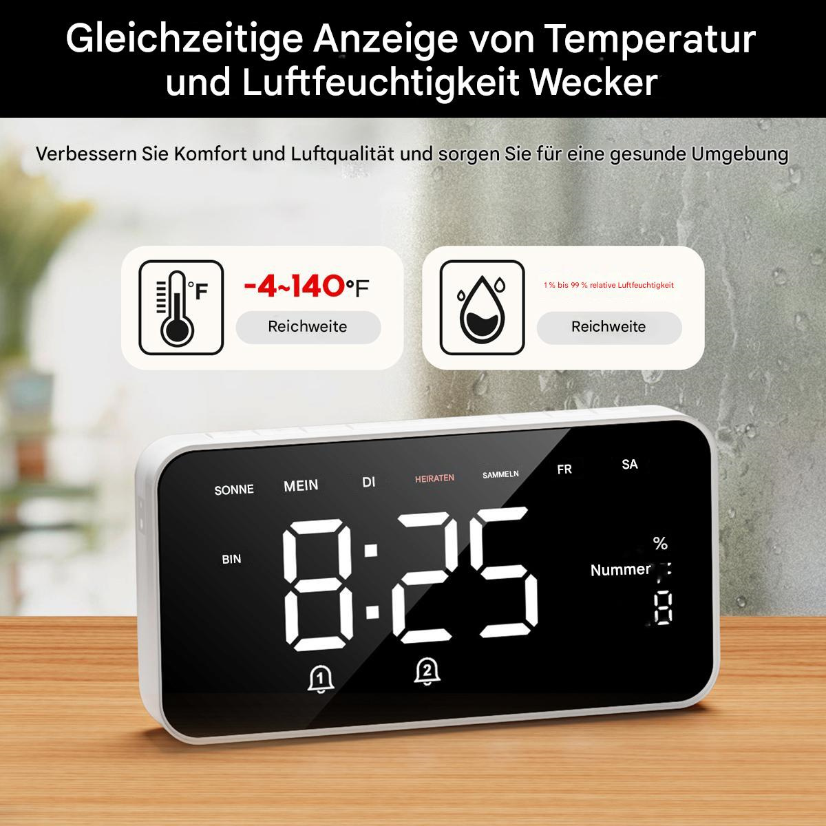 Digitaluhr mit Anzeige von Zeit und Datum, mit Temperatur und Luftfeuchtigkeit. Weißer Hintergrund.