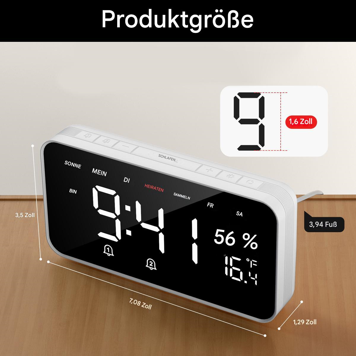 Wecker mit Anzeige von Zeit und Temperatur. Digitalanzeige mit Tasten.